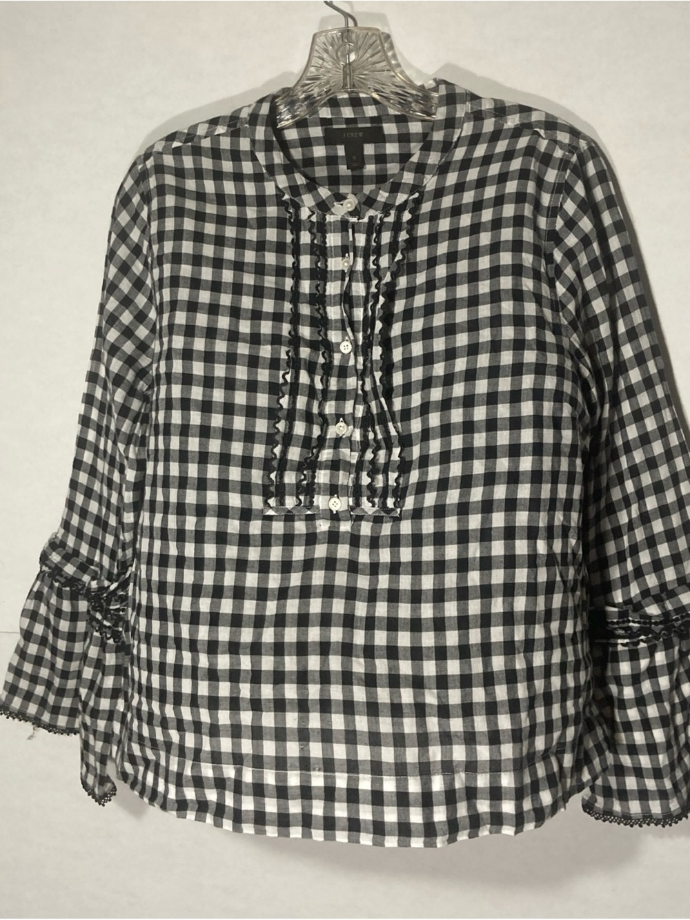 J. CREW white black checkered ruffled flared sleeve half button top 12